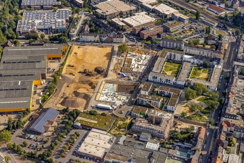 Aerial view, construction site and new building flats Am Gatherhof at the former premises of the
