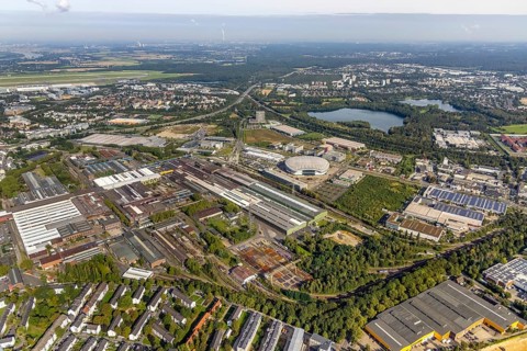 Aerial view, PSD BANK DOME event arena and exhibition grounds Vallourec Germany in the district