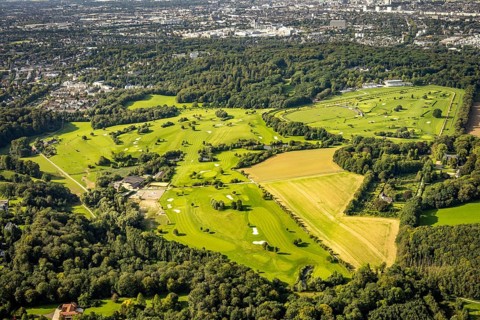 Aerial view, golf course Düsseldorf-Grafenberg in the district Ludenberg in Düsseldorf, Rhineland,