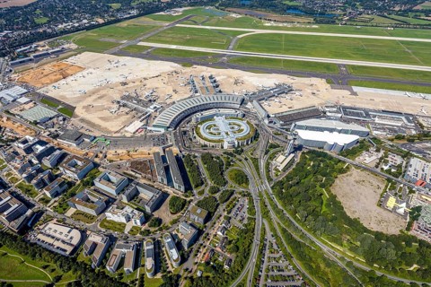 Aerial view, Düsseldorf Airport and Air Park business centre in the Lohausen district of