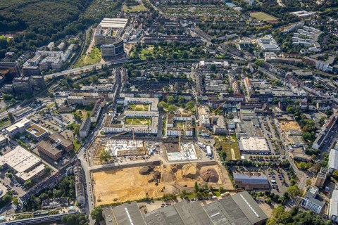 Aerial view, construction site and new building flats Am Gatherhof at the former premises of the