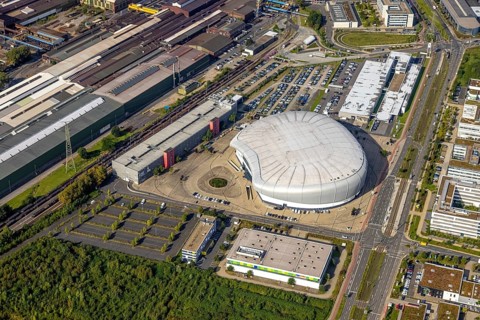 Aerial view, PSD BANK DOME event arena in the Rath district of Düsseldorf, Rhineland, North