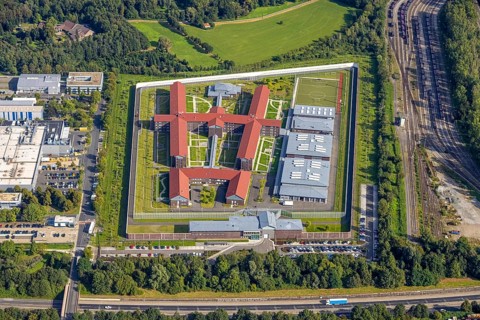 Aerial view, correctional facility Düsseldorf in Ratingen, Rhineland, North Rhine-Westphalia,
