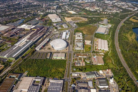 Aerial view, PSD BANK DOME event arena in the Rath district of Düsseldorf, Rhineland, North