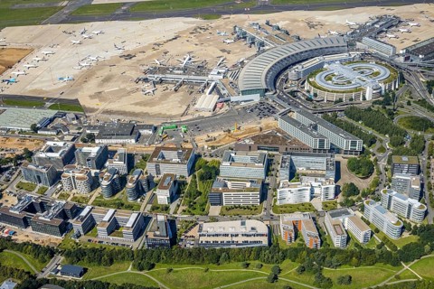 Aerial view, Düsseldorf Airport and Air Park business centre in the Lohausen district of
