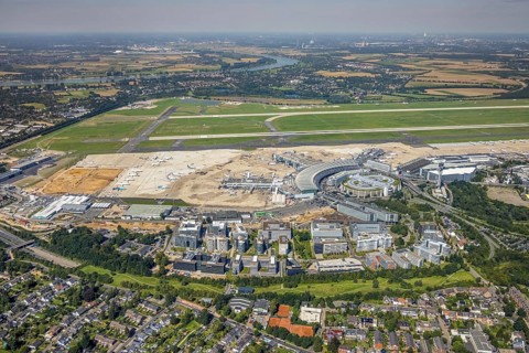 Aerial view, Düsseldorf Airport and Air Park business centre in the Lohausen district of