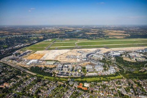Aerial view, Düsseldorf Airport and Air Park business centre in the Lohausen district of