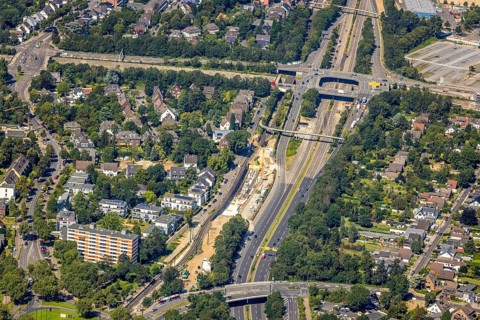 Aerial view, construction site at Danziger Straße with motorway access A44 Stockumer Höfe in