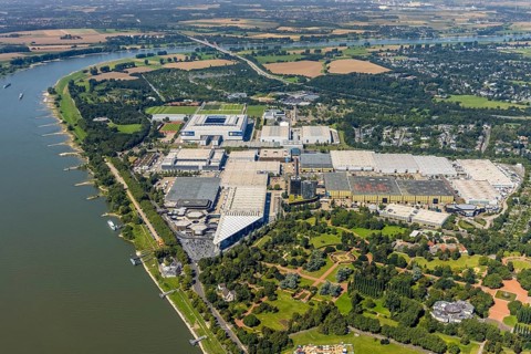 Aerial view, Messe Düsseldorf grounds and Merkur Spiel-Arena Bundesliga stadium in the Stockum