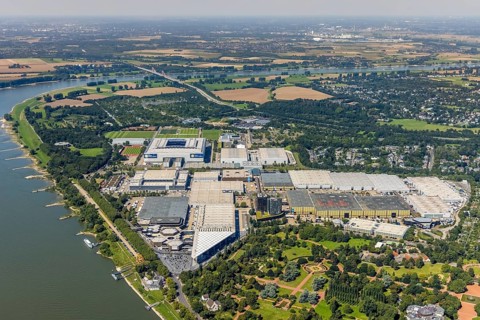 Aerial view, Messe Düsseldorf grounds and Merkur Spiel-Arena Bundesliga stadium in the Stockum