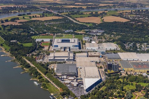 Aerial view, Messe Düsseldorf grounds and Merkur Spiel-Arena Bundesliga stadium in the Stockum