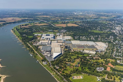 Aerial view, Messe Düsseldorf grounds and Merkur Spiel-Arena Bundesliga stadium in the Stockum