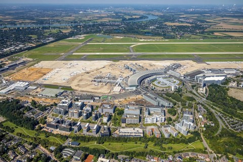 Aerial view, Düsseldorf Airport and Air Park business centre in the Lohausen district of