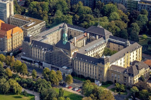 Aerial view, Düsseldorf district government with renovation work on the facade in the Pempelfort