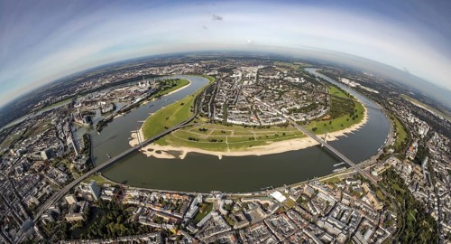 Aerial view, fisheye view river Rhine with Rheinkniebrücke and Oberkasseler Brücke and district