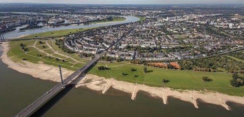 Aerial view, river Rhine with Rheinkniebrücke and district Oberkassel in Düsseldorf, Rhineland,