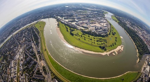 Aerial view, fisheye view of the Medienhafen at the river Rhine with Rhine bend in the district