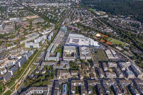 Aerial view of the future METRO campus in Düsseldorf Flingern at METROstraße 1, Flingern,