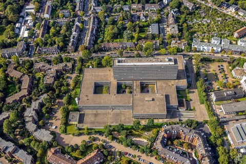 Aerial view, commercial building Deutsche Telekom AG at Sohnstraße in the district Düsseltal in