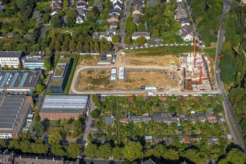 Aerial view, construction site Zoo eins neighbourhood for flats on Max-Planck-Straße in the