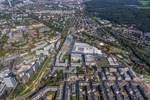 Aerial view of the future METRO campus in Düsseldorf Flingern at METROstraße 1, Flingern,