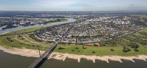 Aerial view, river Rhine with Rheinkniebrücke and district Oberkassel in Düsseldorf, Rhineland,