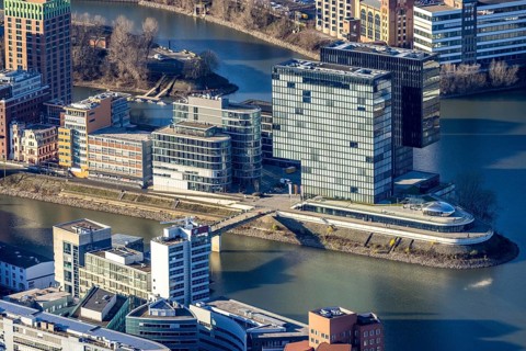 Aerial view, office buildings and commercial buildings in the media harbour with Hyatt Regency