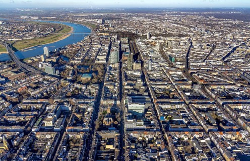 Aerial view, office buildings and commercial buildings Friedrichstraße with the catholic church St.