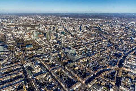 Aerial view, office buildings and commercial buildings Friedrichstraße with the catholic church St.