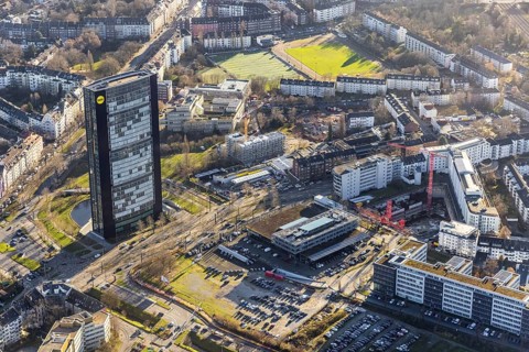 Aerial view, ARAG Tower with construction site at the corner of Mercedesstraße and Münsterstraße
