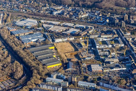 Aerial view, construction site and new construction of flats Am Gatherhof at the former premises of