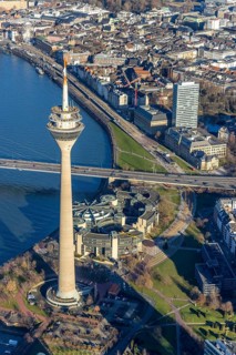 Aerial view, State Parliament of North Rhine-Westphalia and Rhine Tower in the harbour district of