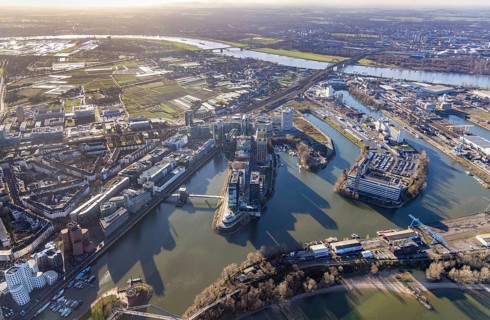 Aerial view, office buildings and commercial buildings in the media harbour in the harbour in