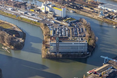 Aerial view, office buildings and commercial buildings Plange Mühle in the media harbour in the