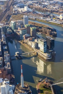 Aerial view, office buildings and commercial buildings in the media harbour with Hyatt Regency