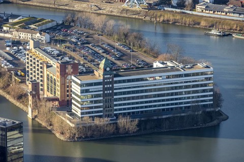 Aerial view, office buildings and commercial buildings Plange Mühle in the media harbour in the