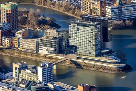 Aerial view, office buildings and commercial buildings in the media harbour with Hyatt Regency