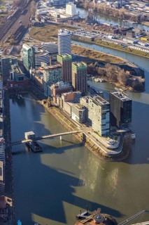 Aerial view, office buildings and commercial buildings in the media harbour with Hyatt Regency