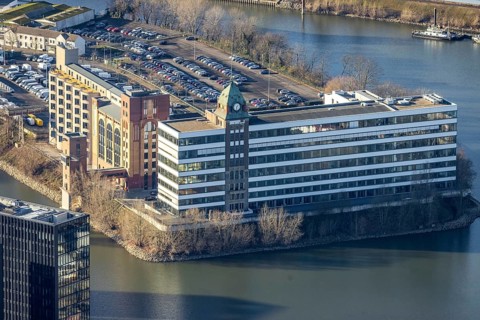 Aerial view, office buildings and commercial buildings Plange Mühle in the media harbour in the