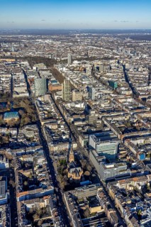 Aerial view, office buildings and commercial buildings Friedrichstraße with the catholic church St.