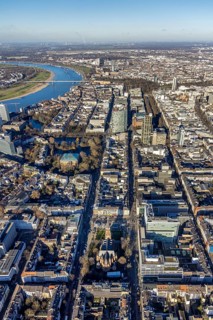 Aerial view, office buildings and commercial buildings Friedrichstraße with the catholic church St.