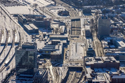 Aerial view, construction site station forecourt, new building Mercator One Duisburg,