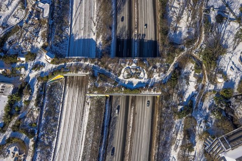 Aerial view, pedestrian bridge and green bridge at the zoo over the A3 motorway, Duissern,