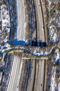 Aerial view, pedestrian bridge and green bridge at the zoo over the A3 motorway, Duissern,