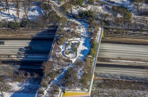 Aerial view, pedestrian bridge and green bridge at the zoo over the A3 motorway, Duissern,