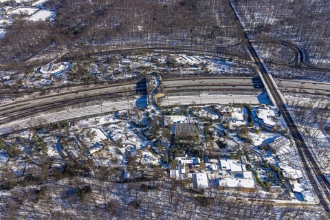 Aerial view, pedestrian bridge and green bridge at the zoo over the A3 motorway, Duissern,