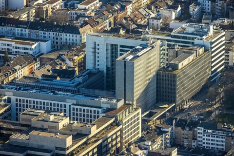 Aerial view, office buildings and commercial buildings with Ministry of the Interior of the State