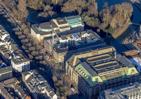 Aerial view, German Opera and construction site with new building on Heinrich-Heine-Allee in the