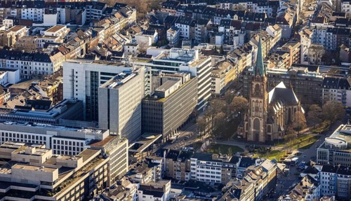 Aerial view, office buildings and commercial buildings with the Ministry of the Interior of the