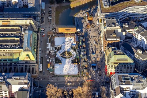 Aerial view, DEG-Winterwelt ice skating rink on the Kö at Corneliusplatz, city centre, Düsseldorf,